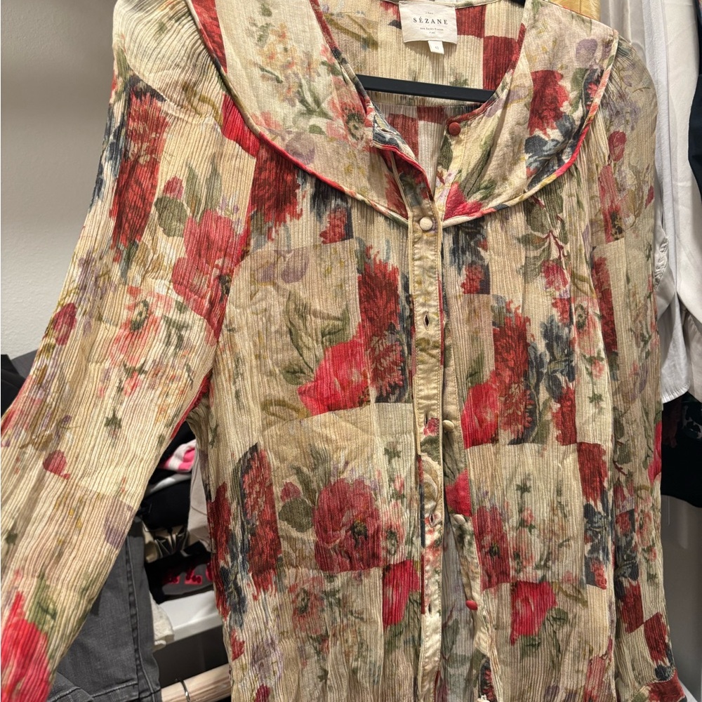 Sezane Cream Blouse with Red Floral Print